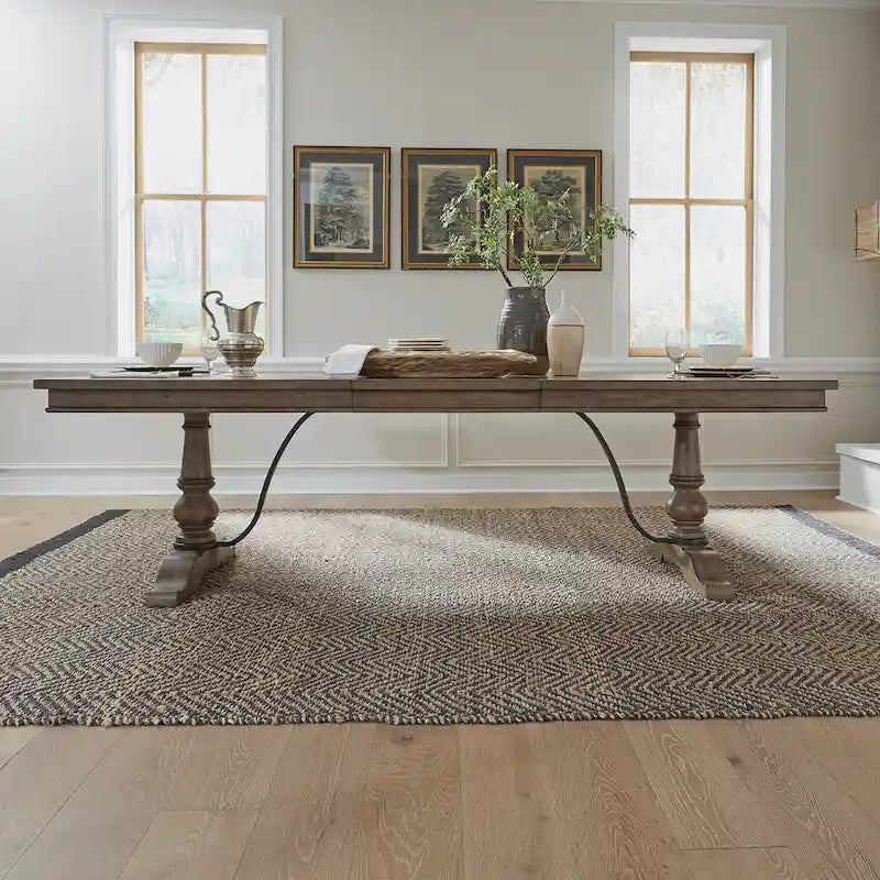 Americana Farmhouse Dusty Taupe Trestle Table Set with Dining Chairs Various Options
