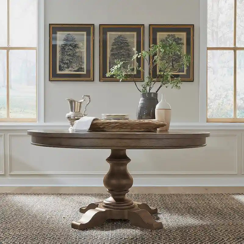 Americana Farmhouse Dusty Taupe Pedestal Table Set with Dining Chairs Options