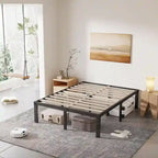 16 Inch Black Metal Platform Bed Frame With Wood Slats Support