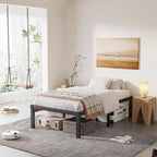 16 Inch Black Metal Platform Bed Frame With Wood Slats Support