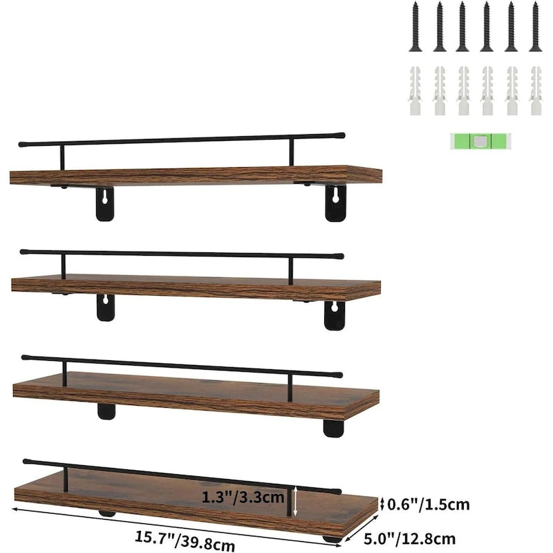 Floating Shelves Wall Set of 4, Hanging Storage Wall Shelf with Metal Guardrail