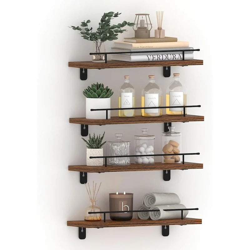 Floating Shelves Wall Set of 4, Hanging Storage Wall Shelf with Metal Guardrail