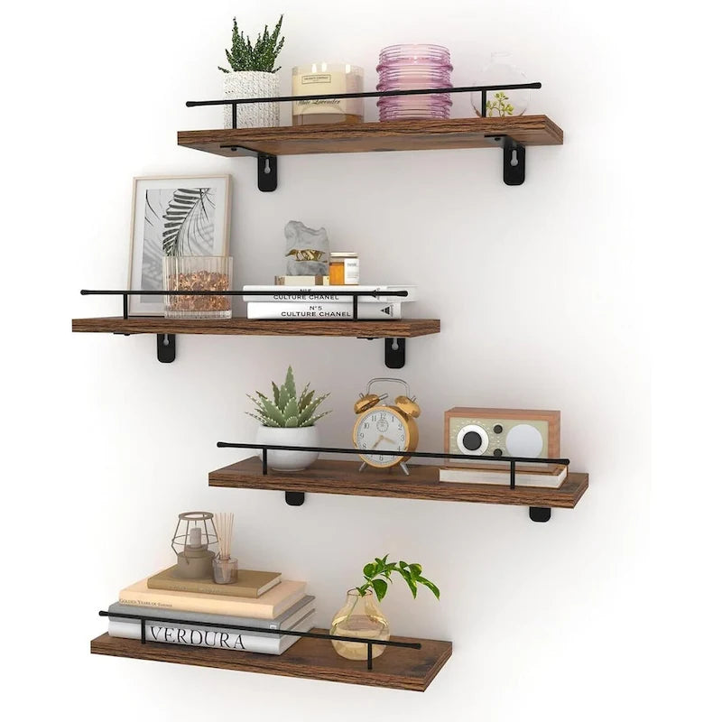 Floating Shelves Wall Set of 4, Hanging Storage Wall Shelf with Metal Guardrail