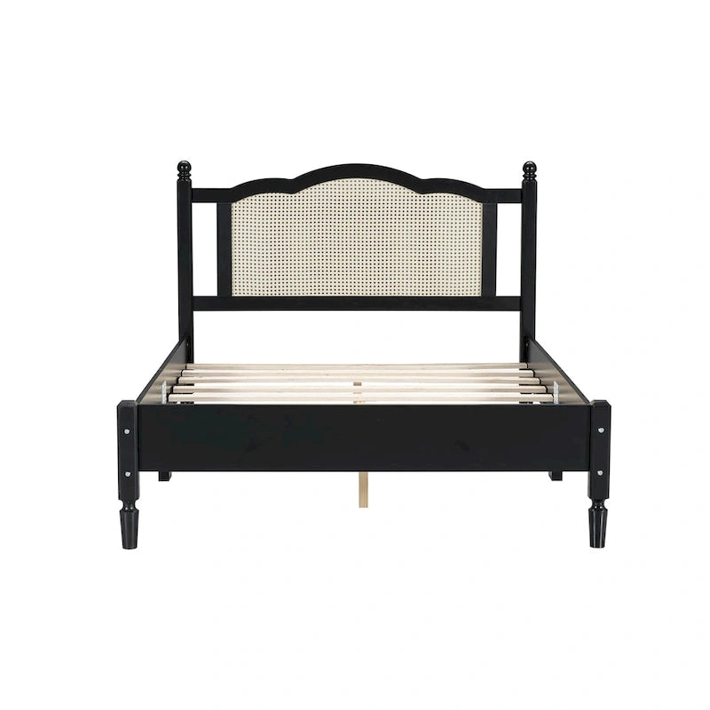 Wooden Platform Bed with Natural Rattan Headboard