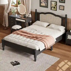 Wooden Platform Bed with Natural Rattan Headboard