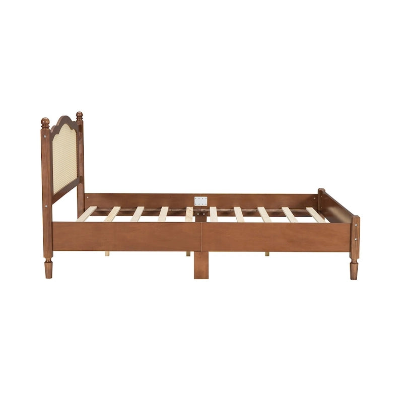 Wooden Platform Bed with Natural Rattan Headboard