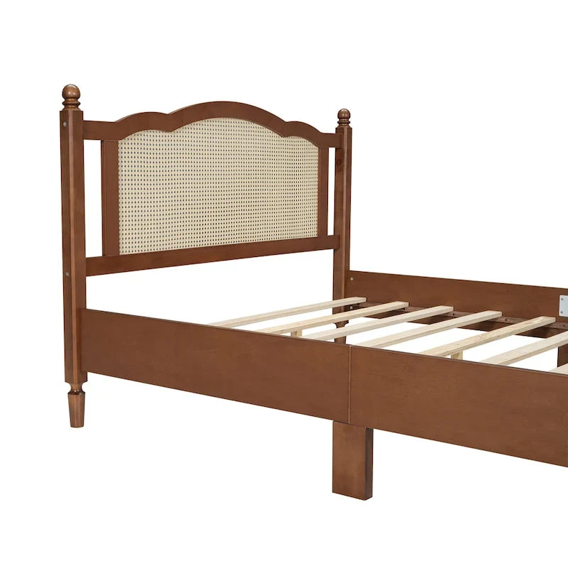 Wooden Platform Bed with Natural Rattan Headboard