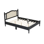 Wooden Platform Bed with Natural Rattan Headboard