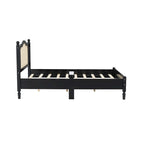 Wooden Platform Bed with Natural Rattan Headboard