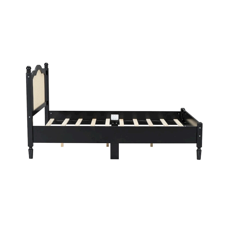Wooden Platform Bed with Natural Rattan Headboard