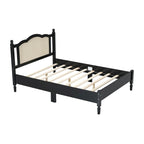 Wooden Platform Bed with Natural Rattan Headboard