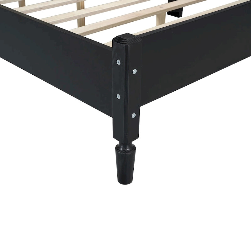 Wooden Platform Bed with Natural Rattan Headboard