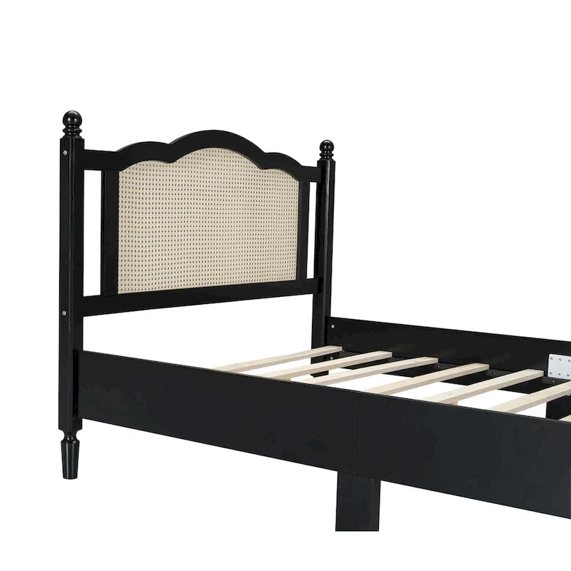 Wooden Platform Bed with Natural Rattan Headboard