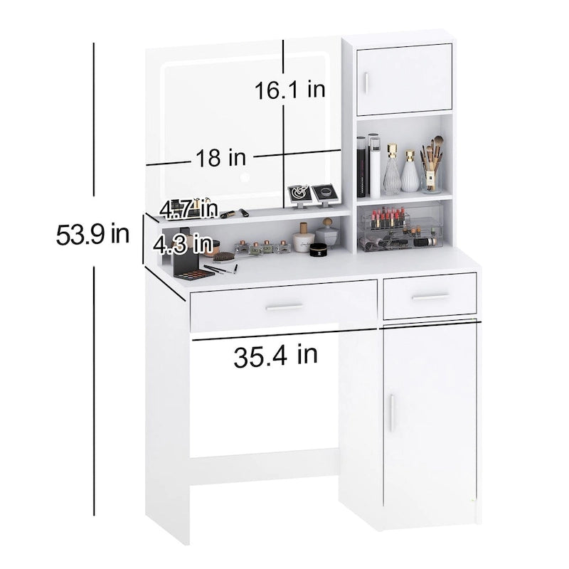 Roomfitters Vanity Desk with LED Lighted Mirror, Makeup Table with Drawers & Cabinet, Vanity Table with Storage