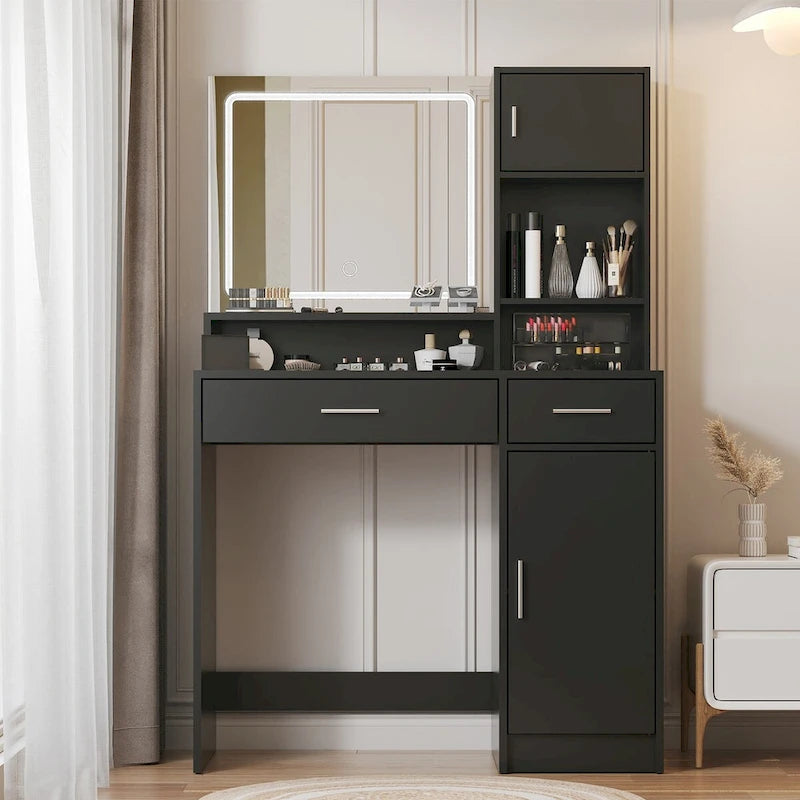Roomfitters Vanity Desk with LED Lighted Mirror, Makeup Table with Drawers & Cabinet, Vanity Table with Storage