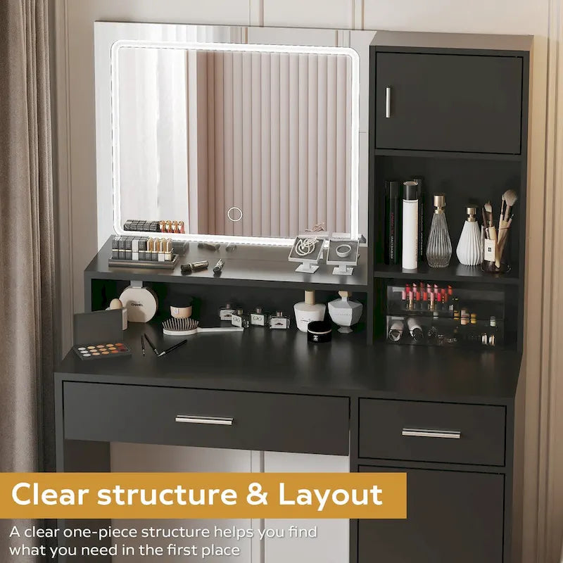 Roomfitters Vanity Desk with LED Lighted Mirror, Makeup Table with Drawers & Cabinet, Vanity Table with Storage
