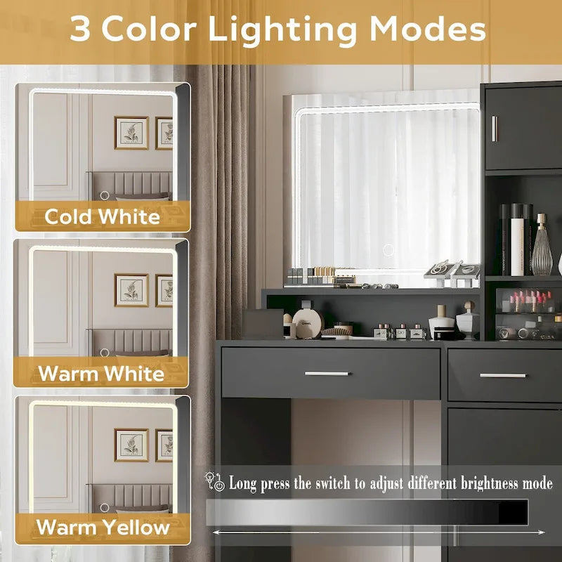 Roomfitters Vanity Desk with LED Lighted Mirror, Makeup Table with Drawers & Cabinet, Vanity Table with Storage