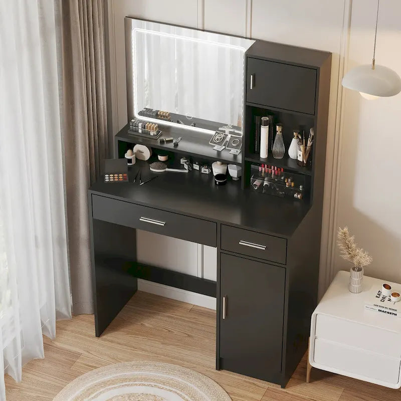 Roomfitters Vanity Desk with LED Lighted Mirror, Makeup Table with Drawers & Cabinet, Vanity Table with Storage