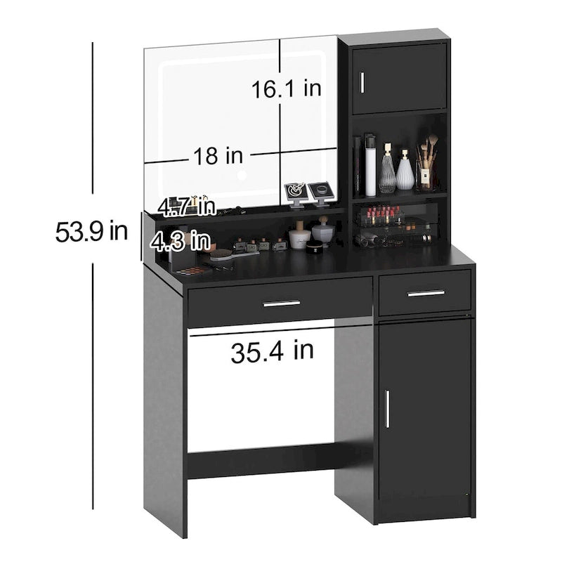 Roomfitters Vanity Desk with LED Lighted Mirror, Makeup Table with Drawers & Cabinet, Vanity Table with Storage
