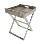 Leather Tray Table Side End Accent Table with Diagonal Silver Legs and Handles - Grey - Roche River Decor