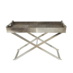Leather Tray Table Side End Accent Table with Diagonal Silver Legs and Handles - Grey - Roche River Decor