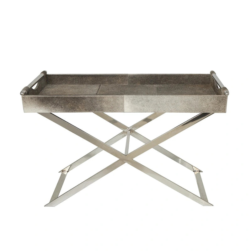 Leather Tray Table Side End Accent Table with Diagonal Silver Legs and Handles - Grey - Roche River Decor