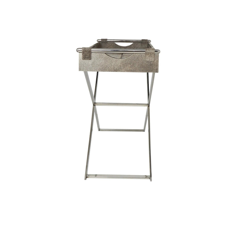 Leather Tray Table Side End Accent Table with Diagonal Silver Legs and Handles - Grey - Roche River Decor