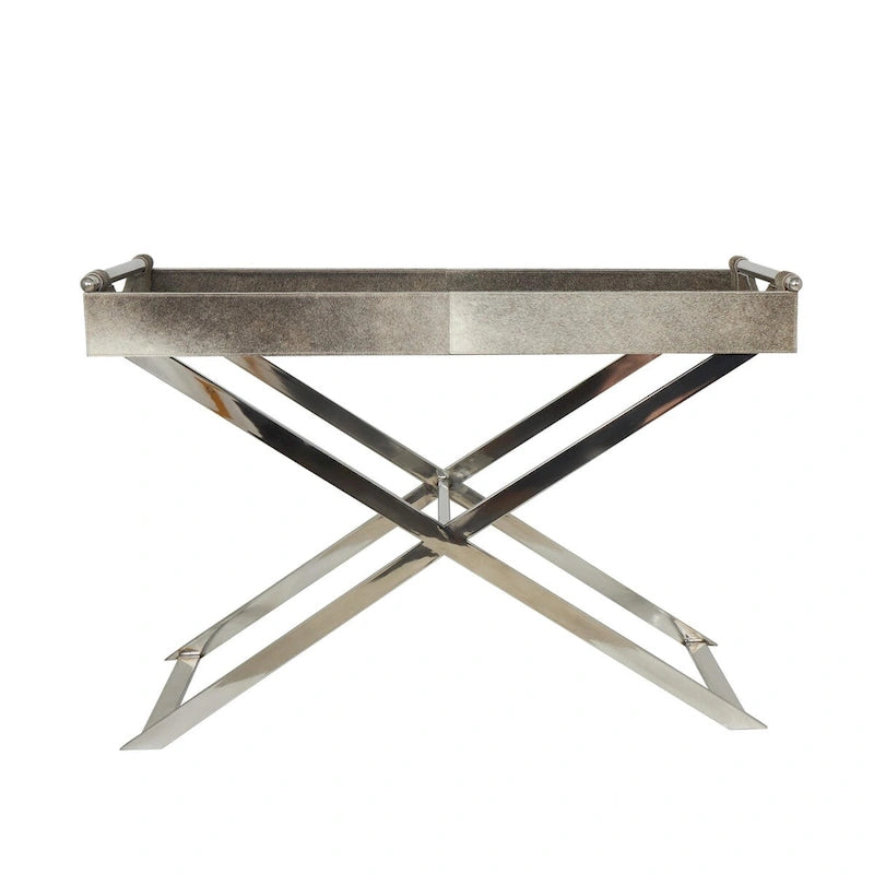 Leather Tray Table Side End Accent Table with Diagonal Silver Legs and Handles - Grey - Roche River Decor