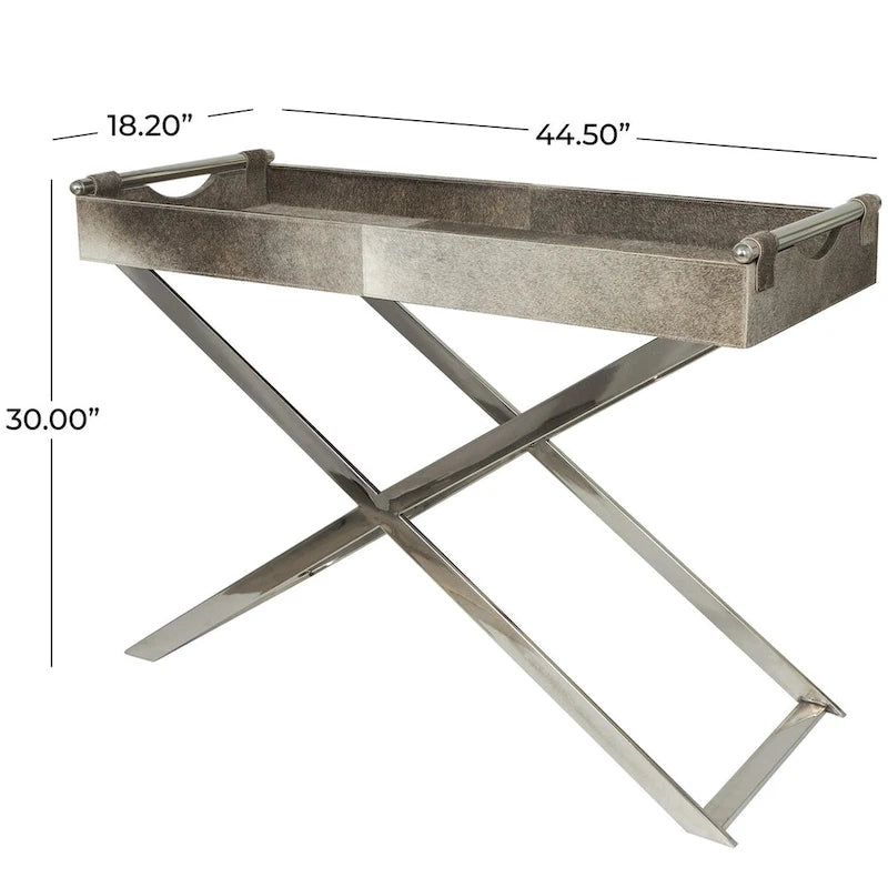 Leather Tray Table Side End Accent Table with Diagonal Silver Legs and Handles - Grey - Roche River Decor