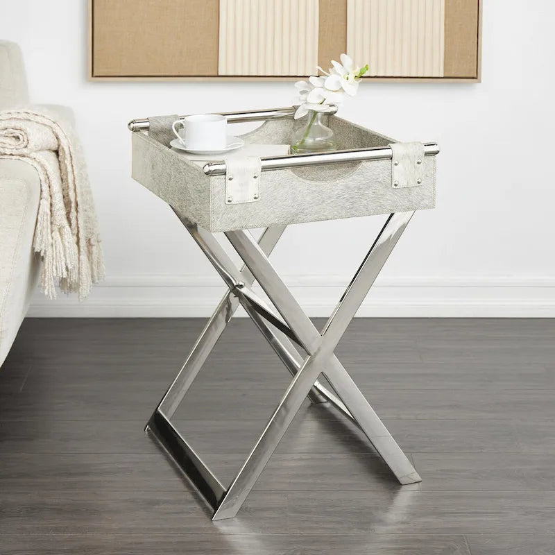 Leather Tray Table Side End Accent Table with Diagonal Silver Legs and Handles - Grey - Roche River Decor