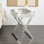 Leather Tray Table Side End Accent Table with Diagonal Silver Legs and Handles - Grey - Roche River Decor
