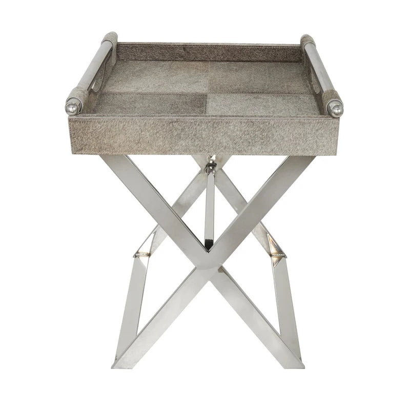 Leather Tray Table Side End Accent Table with Diagonal Silver Legs and Handles - Grey - Roche River Decor
