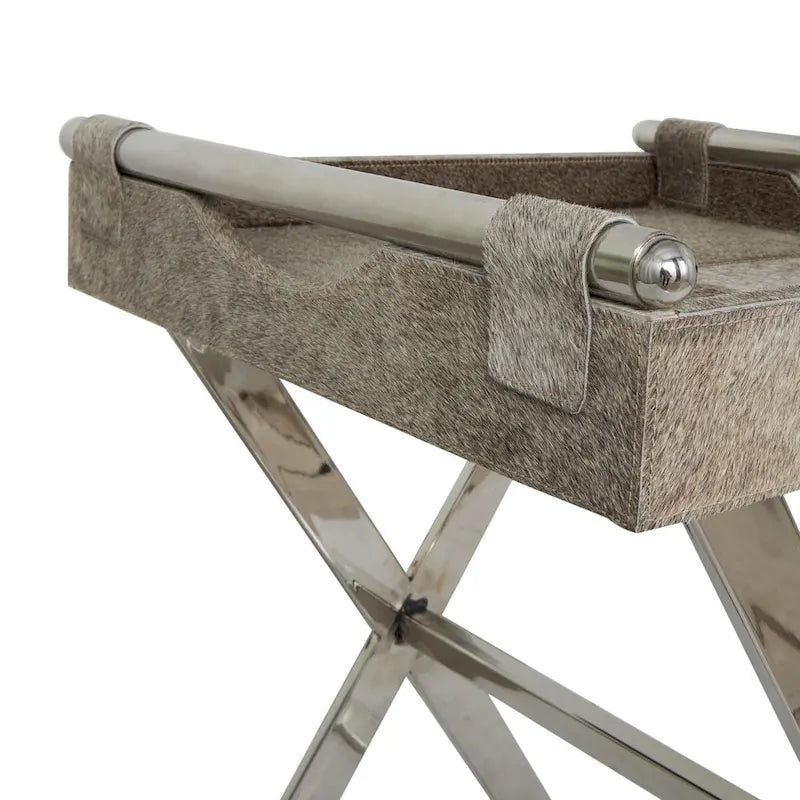 Leather Tray Table Side End Accent Table with Diagonal Silver Legs and Handles - Grey - Roche River Decor