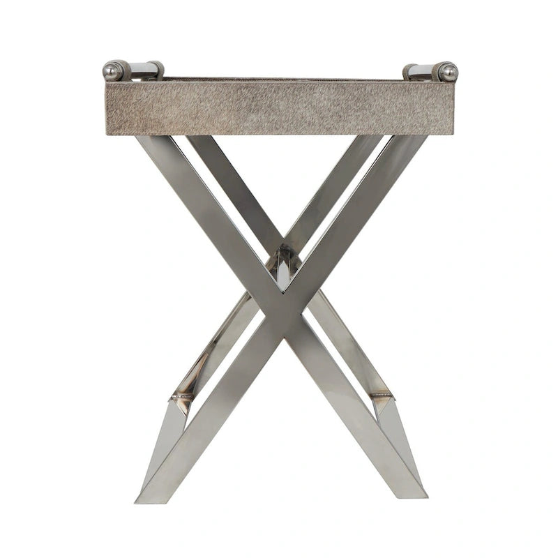 Leather Tray Table Side End Accent Table with Diagonal Silver Legs and Handles - Grey - Roche River Decor