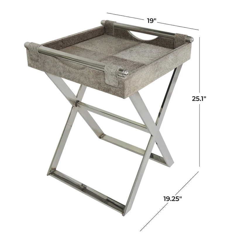 Leather Tray Table Side End Accent Table with Diagonal Silver Legs and Handles - Grey - Roche River Decor