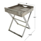 Leather Tray Table Side End Accent Table with Diagonal Silver Legs and Handles - Grey - Roche River Decor